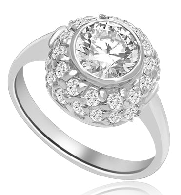 Bezel Set Round Stone sits atop a thumping display of clustered melee on wide high band. - 4 cts t.w. in Platinum Plated Sterling Silver.