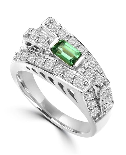 Diamond Essence Designer Ring In Unusual Artistic Design With 0.25 Ct. Emerald Baguettes And Round Melee, 1.75 Cts T.W. In Platinum Plated Sterling Silver.