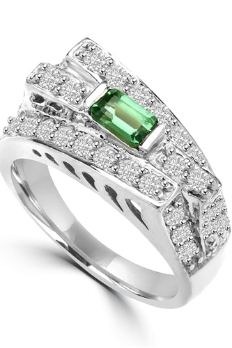 Diamond Essence Designer Ring In Unusual Artistic Design With 0.25 Ct. Emerald Baguettes And Round Melee, 1.75 Cts T.W. In Platinum Plated Sterling Silver.