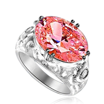 East West Ring - 8.5 Cts. Oval Cut Pink Essence set in heavy, eight prongs setting, with bezel set melee on each side. 8.65 Cts. T.W. set in Platinum Plated Sterling Silver.