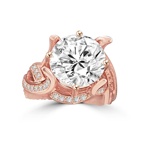 Prong Set Designer Ring with Artificial Round Brilliant Diamond and Melee by Diamond Essence set in Plated Over Sterling Silver.