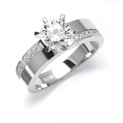 Diamond Essence Ring with 2.0ct. Round brilliant stone set in six prongs with round stones on each side, 2.5ct. tw. in Platinum Plated Sterling Silver.