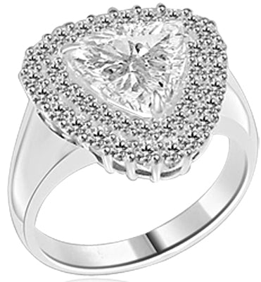 Beautiful designer Ring - Trilliant cut Diamond Essence, 3 ct center set in three prongs setting, surrounded by two rows of Diamond Essence melee. 5.25 cts.t.w.in Platinum Plated Sterling Silver.