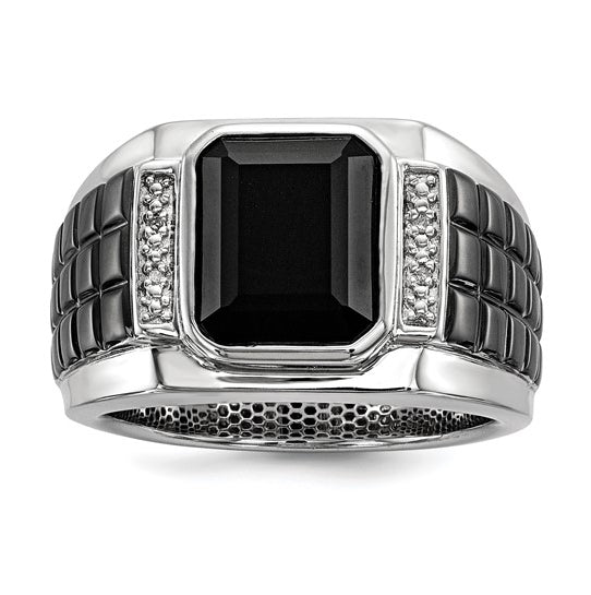 Bezel Set Emerald Cut Onyx and Round Diamond Stones In Platinum Plated Sterling Silver