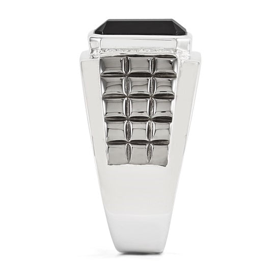 Bezel Set Emerald Cut Onyx and Round Diamond Stones In Platinum Plated Sterling Silver