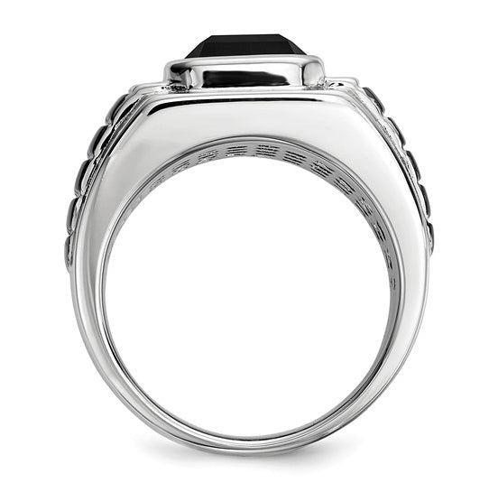 Bezel Set Emerald Cut Onyx and Round Diamond Stones In Platinum Plated Sterling Silver