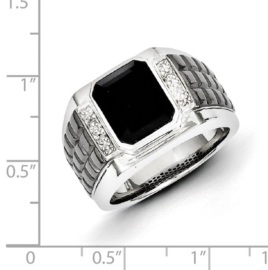 Bezel Set Emerald Cut Onyx and Round Diamond Stones In Platinum Plated Sterling Silver
