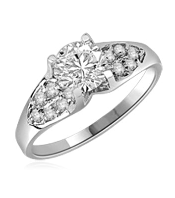 Diamond Essence Designer Ring with 1.0 Ct. Round Brilliant Stone in center accompanied by glittering Melee on sides, 1.50 Cts.T.W. set in Platinum Plated Sterling Silver.