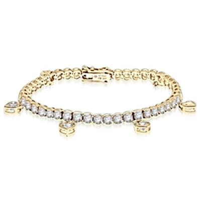 Diamond Essence Round Brilliant stones, 0.20 ct. each set in Gold vermeil bezel setting and 6 Heart dangles, 0.5 ct. each heart cut Diamond Essence stone, attached at 1'' distance. 11.5 cts. t.w. Good for an occasion.
