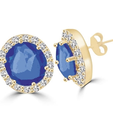 Sapphire & round stone Gold plated Silver stud earring