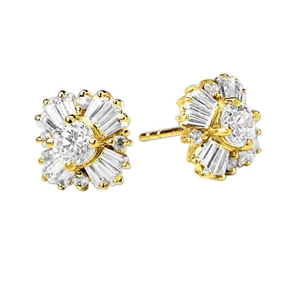 Magnificent star bright Earrings with Round Brilliant Diamond Essecne and Baguettes Masterpieces, 1.25 Cts. T.W.in Gold Vermeil.