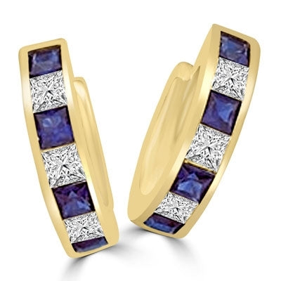14K Gold Vermeil hoop Earring with alternate Diamond Essence and Sapphire Essence princess cut stones.