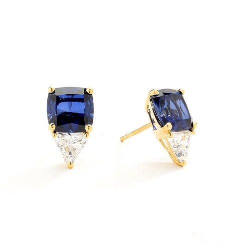 14K Gold Vermeil Stud earring in cushion cut sapphire stone.