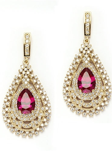 Diamond Essence Designer Earrings with Pear Cut Ruby center in Gold Vermeil.