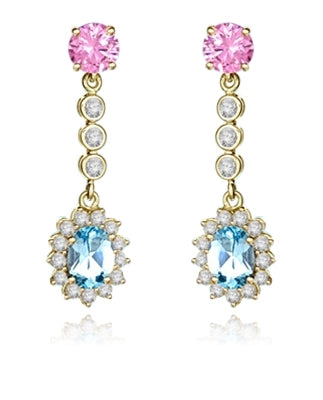 Prong Set Designer Earrings with Artificial Oval Cut Blue Topaz, Round Cut Pink Diamond and Brilliant Melee by Diamond Essence set in Vermeil