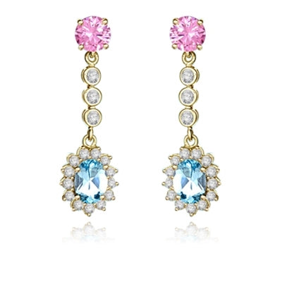 Prong Set Designer Earrings with Artificial Oval Cut Blue Topaz, Round Cut Pink Diamond and Brilliant Melee by Diamond Essence set in Vermeil