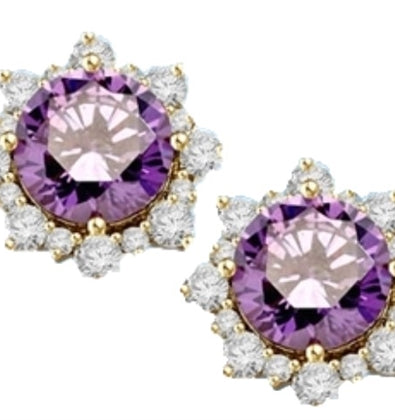 Designer Earrings with Round Amethyst Essence in center Surrounded by Round Brilliant Diamond Essence and Melee. 9.0 Cts. T.W. set in 14K Gold Vermeil.