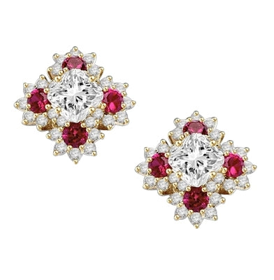 Designer Earrings with Asscher cut Diamond Essence in center surrounded by Floral Designs created with Round Ruby Essence and Melee. 6.0 Cts. T.W. set in 14K Gold Vermeil.