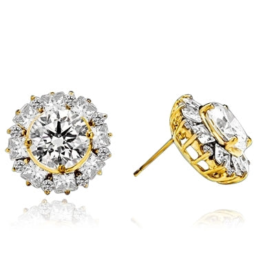 Designer Earrings With Round Brilliant Diamond essence in center surrounded by alternately set Princess and melee. 14.5 Cts T.W. set in 14K Gold Vermeil.