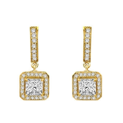 Designer Hoop Earrings with Princess Diamond Essence centerpiece, surrounded by Round Brilliant Melee. 2.25 Cts. T.W. set in 14K Gold Vermeil.