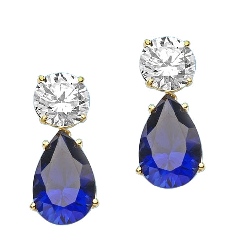 Diamond Essence Earrings, 5.0 Cts. each Pear cut Sapphire Essence dropping off from 2.0 Cts. each Round Diamond Essence Studs, 14.0 Cts. T.W. set in 14K Gold Vermeil.