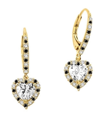 Diamond Essence leverback earrings, 1.0 Ct. each, Heart shape Diamond Essence surrounded by alternately set Onyx and Diamond Essence Melee, which flows on leverback also for additional sparkle. 4.0 Cts. T.W. set in 14K Gold Vermeil.