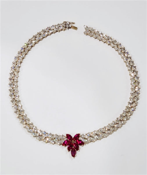 Designer Necklace with Marquise cut Ruby Floral in center and 2 rows of graduating Marquise Essence all around neckline. Appx. 72.0 Cts.t.w. set in 14K Gold Vermeil.