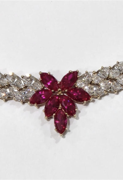 Designer Necklace with Marquise cut Ruby Floral in center and 2 rows of graduating Marquise Essence all around neckline. Appx. 72.0 Cts.t.w. set in 14K Gold Vermeil.