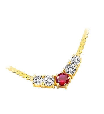 Celebration Necklace- Four round diamond essence stones and Ruby in the middle captured on a 16" necklace.1.5 Cts. T.W. set in 14K Gold Vermeil.