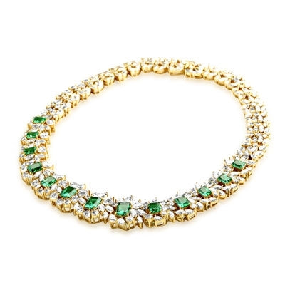Prong Set Designer Necklace with Simulated Emerald Cut Emerald, Pear, Marquise Essence and Round Brilliant Diamonds by Diamond Essence set in Vermeil