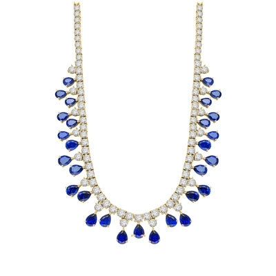Diamond Essence dazzling Necklace, 16" long just perfect for any Occassion. 1.0 Ct. each Sapphire Essence stone dangling from Round Brilliant Diamond Essence stone. Appx. 75.0 cts.t.w. set in 14K Gold Vermeil.