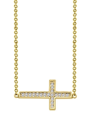 East-West Cross Necklace with 16" long attached chain and 0.25 ct.t.w. Diamond Essence Melee, in Gold Plated Sterling Silver.