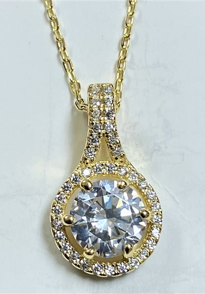 Diamond Essence Designer Pendant with Round Brilliant Stone and Melee, 2.20 Cts.t.w. set in Gold Plated Sterling Silver. 18mm Length x 10mm Width.
