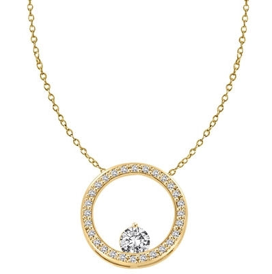 14K Gold Vermeil Circular Pendant. 0.50 Ct. Round Brilliant Diamond Essence balanced appealingly at the bottom of a circle made of Melee, 1.20 Cts.T.W.