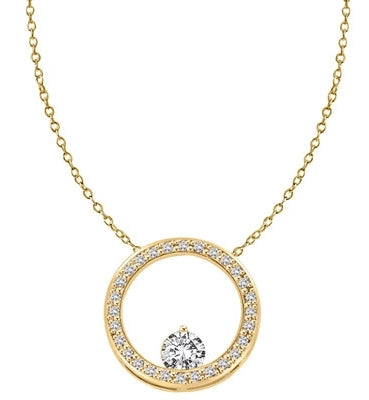 14K Gold Vermeil Circular Pendant. 0.50 Ct. Round Brilliant Diamond Essence balanced appealingly at the bottom of a circle made of Melee, 1.20 Cts.T.W.