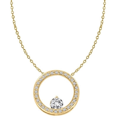 14K Gold Vermeil Circular Pendant. 0.50 Ct. Round Brilliant Diamond Essence balanced appealingly at the bottom of a circle made of Melee, 1.20 Cts.T.W.