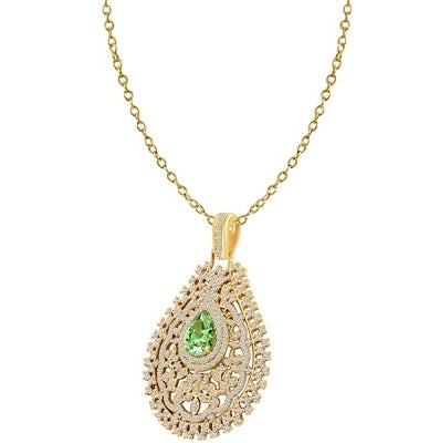 Prong Set Designer Pendant with Simulated Pear Cut Emerald in Center surrounded by Artistically set Brilliant Melee Diamonds by Diamond Essence set in Vermeil