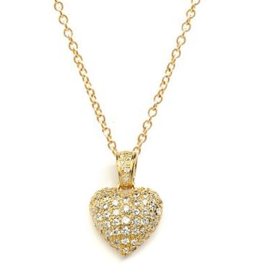 Craftman's delight Heart Pendant with micro pave set Diamond Essence accents shining your love like never before. There are tiny accents on the bale to highlight the overall glory effect.2.5 Cts. T.W. set in 14K Gold Vermeil.