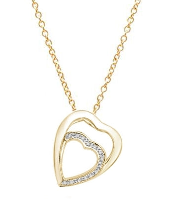 14K Gold Vermeil pendant with two hearts as one. The larger heart gleams protectingly. The smaller heart nestled lovingly inside flutters with a beautifully bedecked melee of Diamond Essence masterpieces.