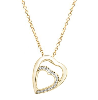 14K Gold Vermeil pendant with two hearts as one. The larger heart gleams protectingly. The smaller heart nestled lovingly inside flutters with a beautifully bedecked melee of Diamond Essence masterpieces.