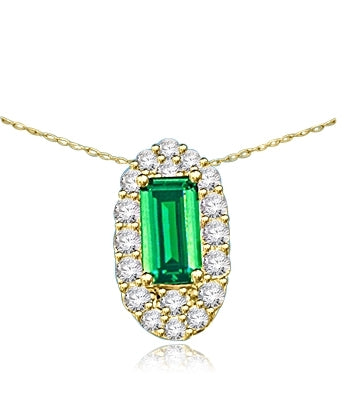 Emerald City Pendant with a 3.0 Cts. Emerald Cut Emerald Essence center surrounded by fiery Round Cut Diamond Essence Stones, 3.30 Cts. T.W. in 14K Gold Vermeil.
Free Silver Chain Included.