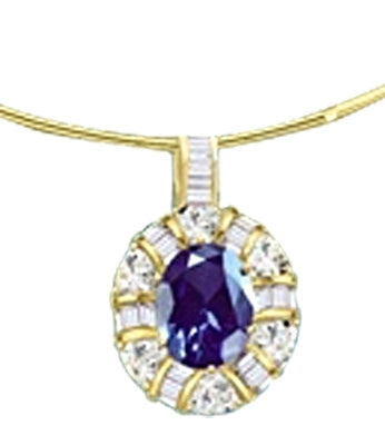 14K Gold Vermeil pendant with a 5.0 ct. Oval cut Sapphire Essence masterpiece inside a ring of the en-kindled by channel set Diamond Essence tapped baguettes and trillion cut masterpieces. All hang beguilingly from a bail flashing with channel set baguett