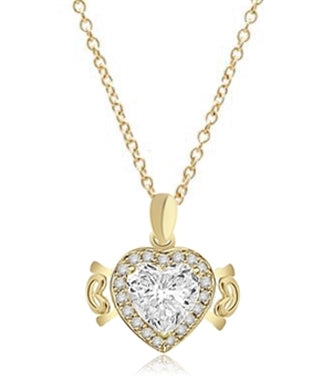 Beautiful Heart Pendant, showing off 4 carat Heart cut Diamond Essence stone set in prong setting, surrounded by round brilliant stones and 2 small hearts on either side. 5.0 cts.t.w. in Gold Vermeil.