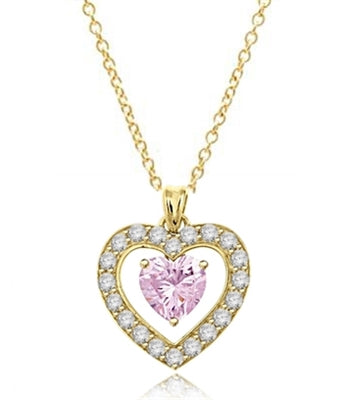 Three carat heart shape Pink Essence stone in prong setting, is surrounded by round brilliant Diamond Essence stones, making another heart. 4.0 cts.t.w. in Gold Vermeil.