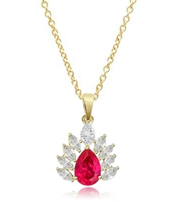 Prong Set Designer Pendant with Simulated Pear Cut Ruby Essence and Brilliant Marquise Diamonds by Diamond Essence set in Vermeil