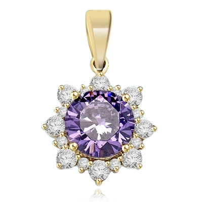 Designer Pendant with Round Amethyst Essence in center surrounded by Round Brilliant Diamond Essence and Melee. 4.5 Cts. T.W. set in 14K Gold Vermeil.