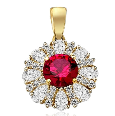 Diamond and Ruby Pendant - 2.0 cts. Round Ruby Essence in center surrounded by Pear Cut Diamond Essence and Melee. 5.5 Cts T.W. set in 14K Gold Vermeil.