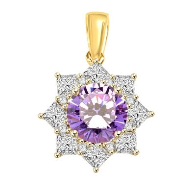 Pendant with Round Lavender Essence in center surrounded by Princess Cut Diamond Essence and Melee. 6.5 Cts. T.W. set in 14K Gold Vermeil.