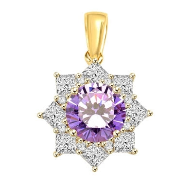 Pendant with Round Lavender Essence in center surrounded by Princess Cut Diamond Essence and Melee. 6.5 Cts. T.W. set in 14K Gold Vermeil.
