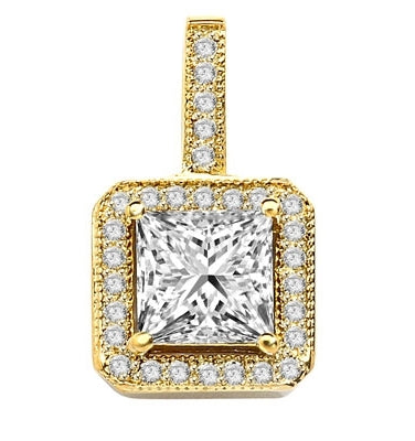 Pretty Princess Cut Diamond Essence centerpiece,surrounded by Round Brilliant Melee in Designer Pendant. 2.0 Cts. T.W. set in 14K Gold Vermeil.